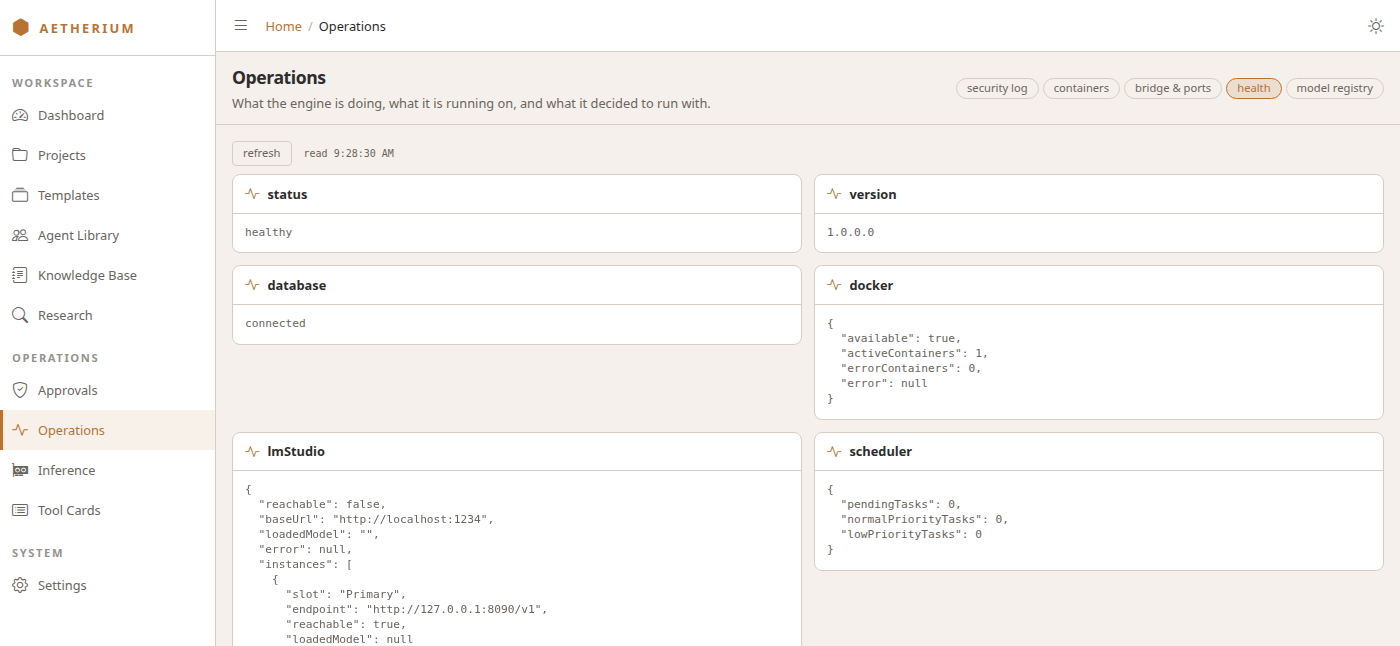 The health tab of Operations reporting a healthy Engine — status healthy, the version, the database connected, Docker available with one container active, the inference instances with the Primary reachable, and an empty scheduler queue