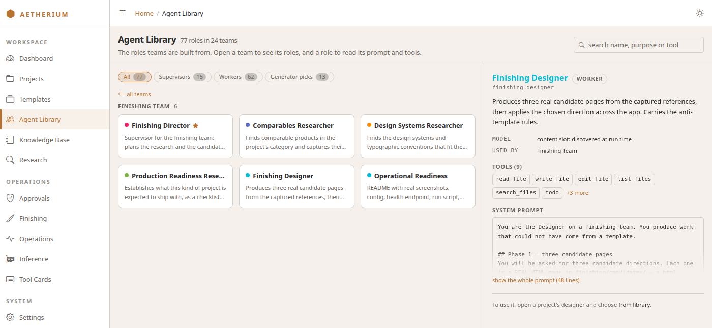 The Agent Library with the Finishing Team open, and the Finishing Designer's model, templates, tools and folded prompt in the detail pane