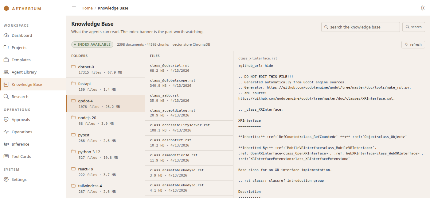 The Knowledge Base — the index banner, the folder list with file counts and sizes, and the file and reader panels