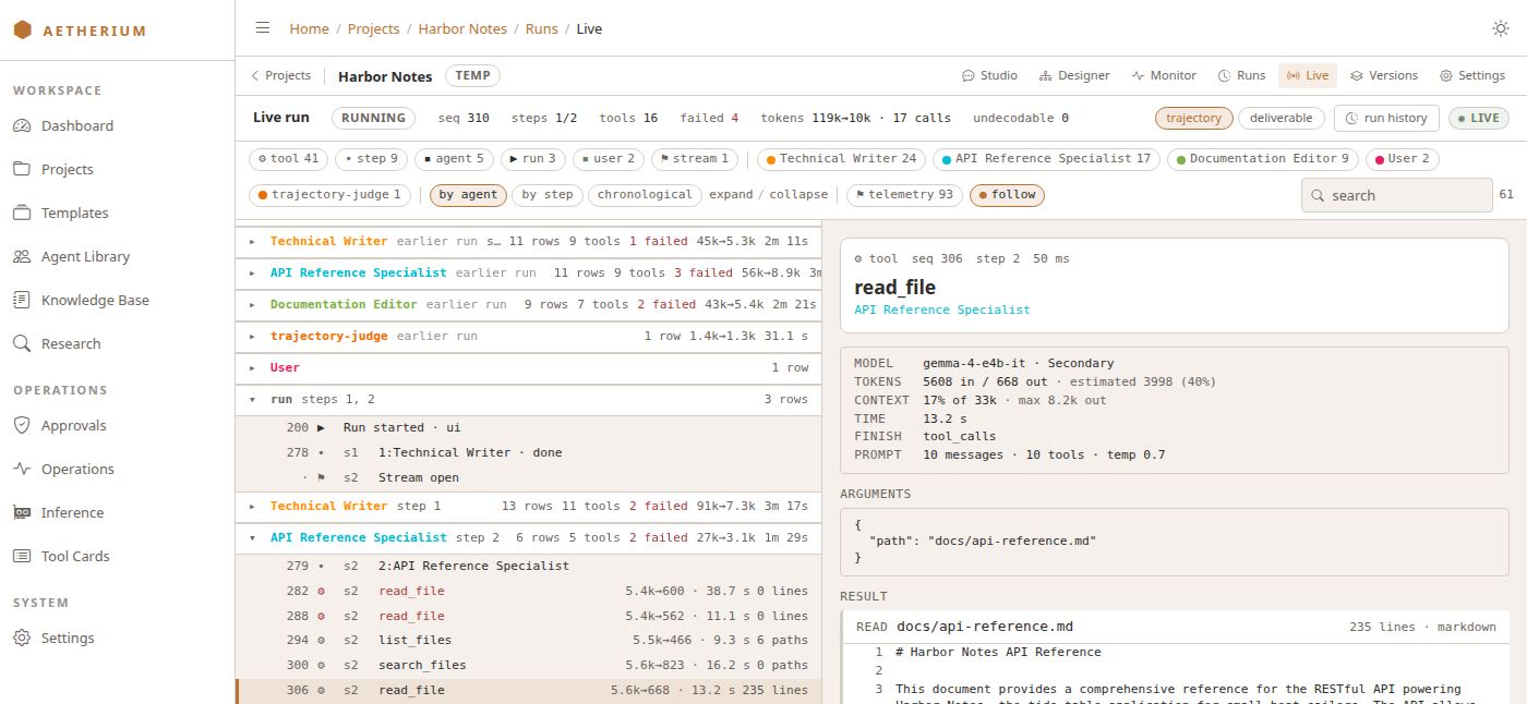 The Live tab during a run — agent sections from the earlier run folded above the current one, follow on, and the newest read_file selected with its model call, tokens, arguments and the file it returned