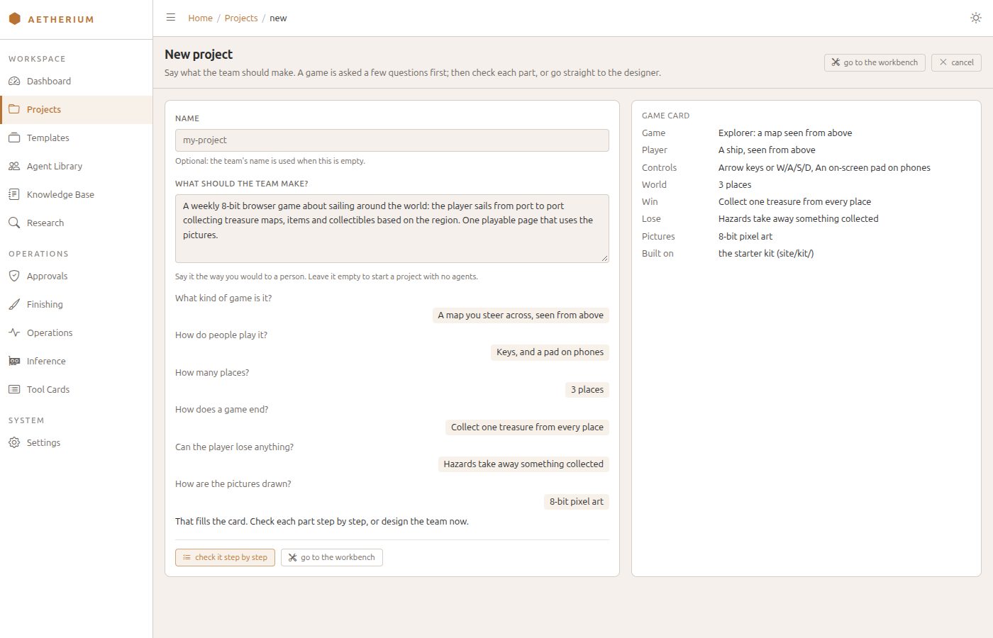 The New project page — a sailing-game request on the left with its six answers, and the filled game card on the right