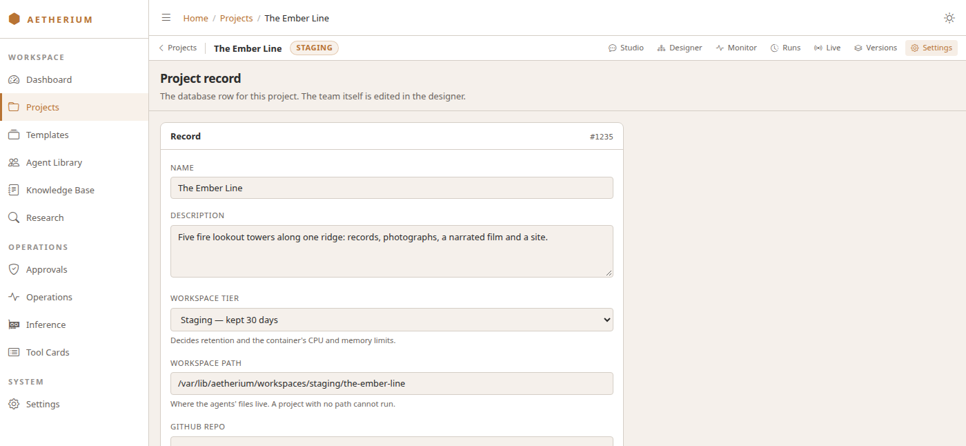 The project's Settings tab — name, description, tier, and the workspace path where the agents' files live