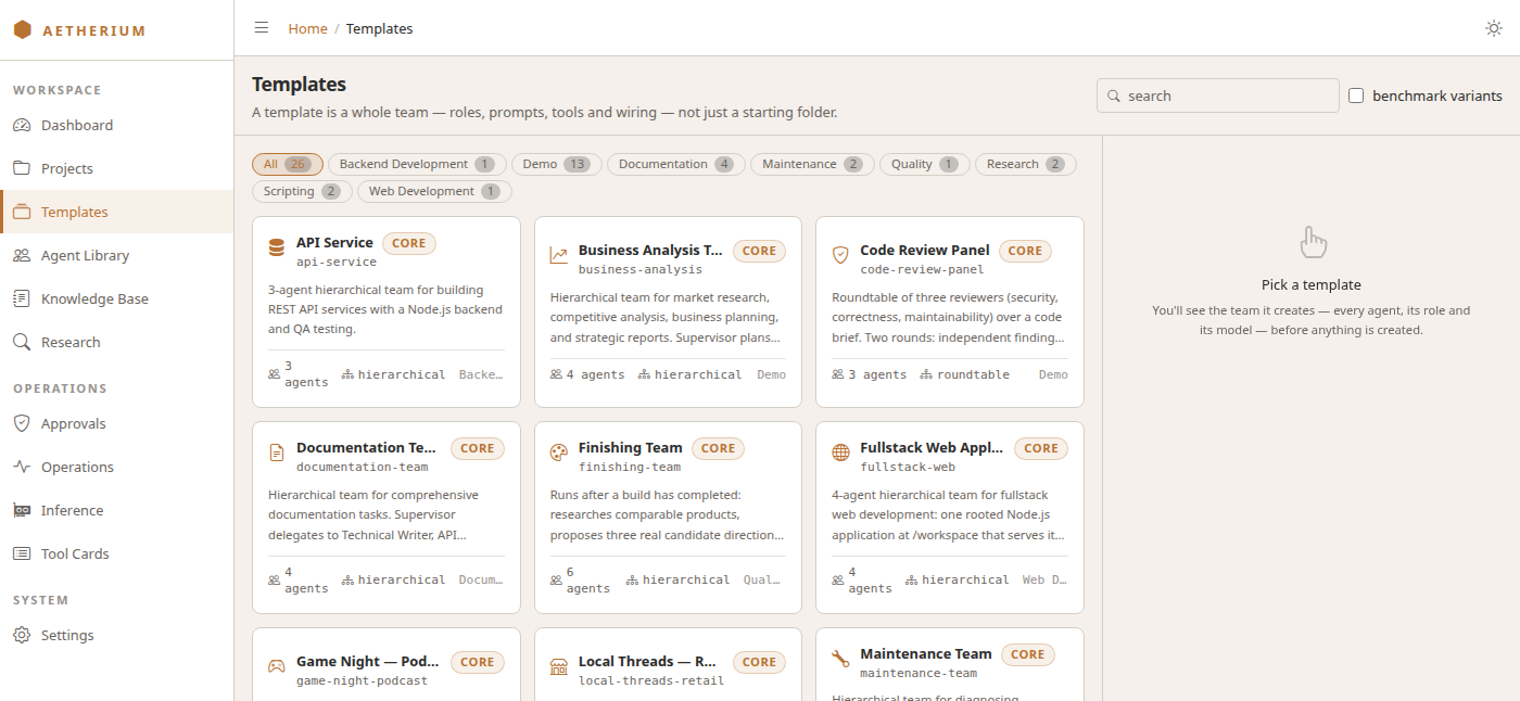 The Templates catalog — category pills, the card grid with agent count and topology on each card, and the roster panel