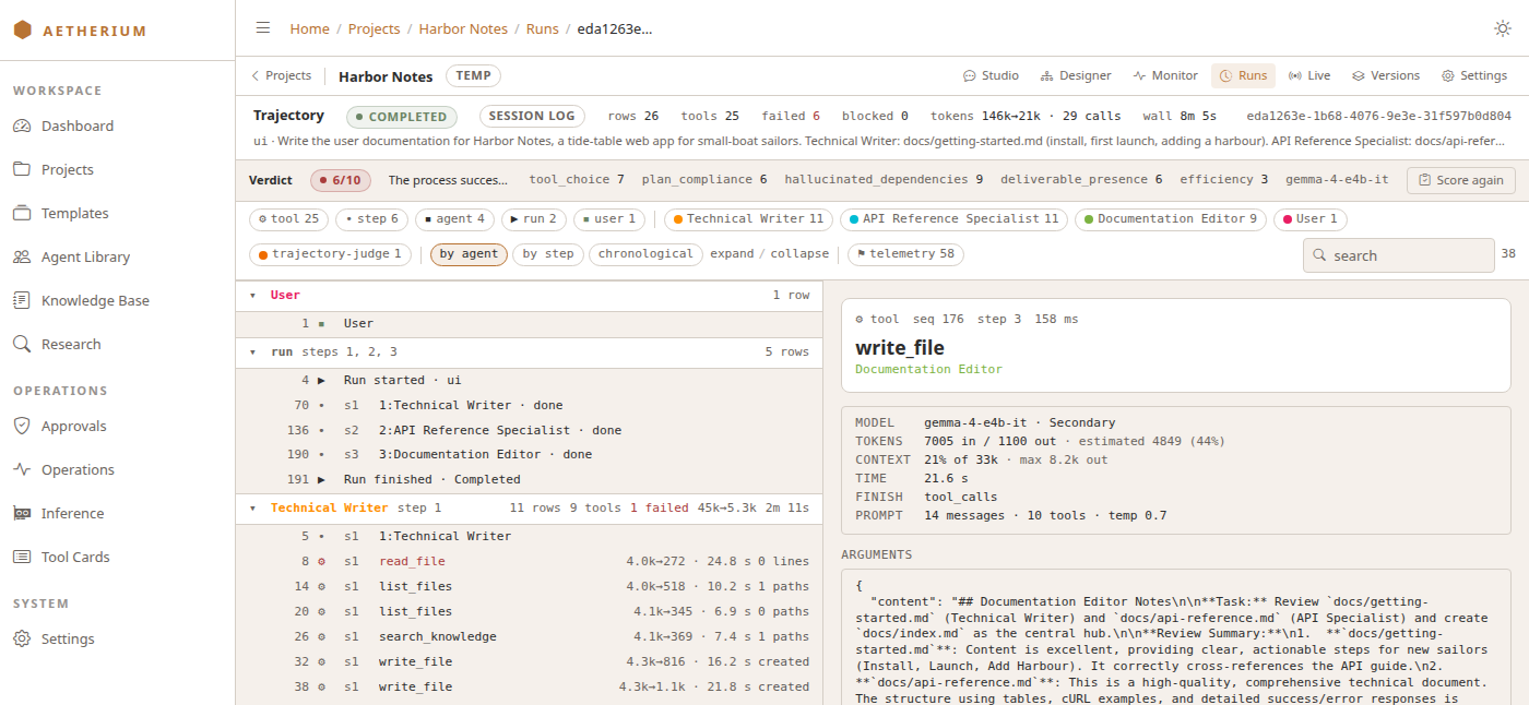 A run's trajectory — the write_file rows with their outcomes; clicking one shows the diff