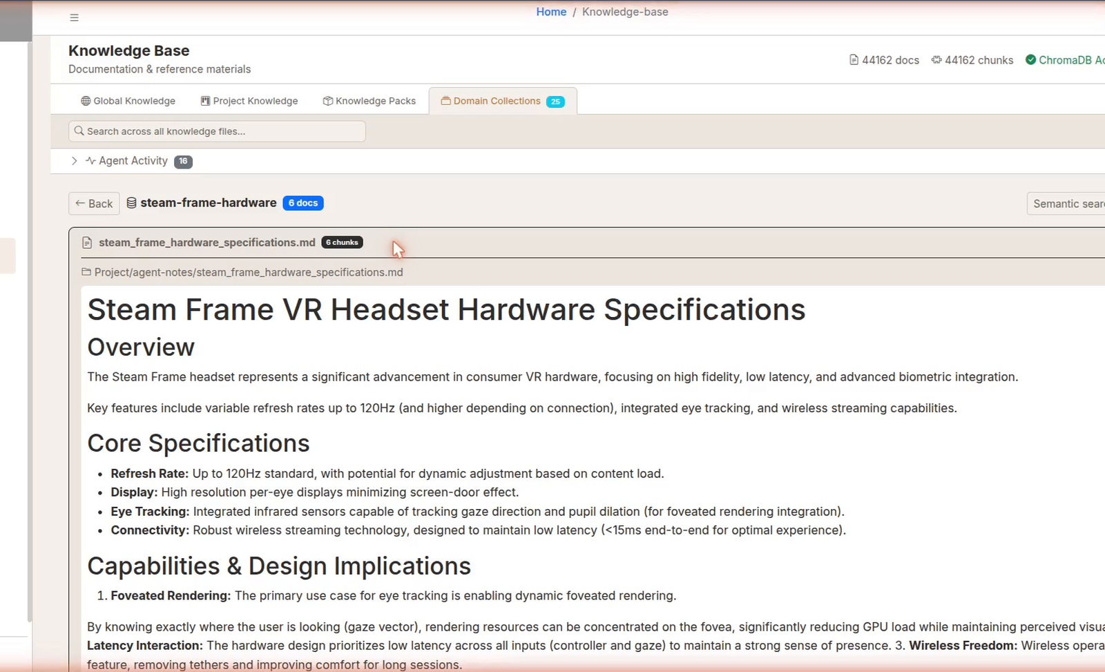 The Aetherium Engine's Knowledge Base, where agents ground their work in local reference materials such as the Steam Frame VR hardware specifications